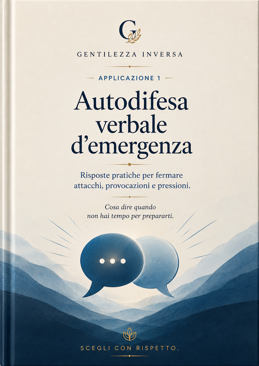 Copertina dell'Applicazione 1 Autodifesa verbale d'emergenza: due fumetti blu su colline stilizzate.
