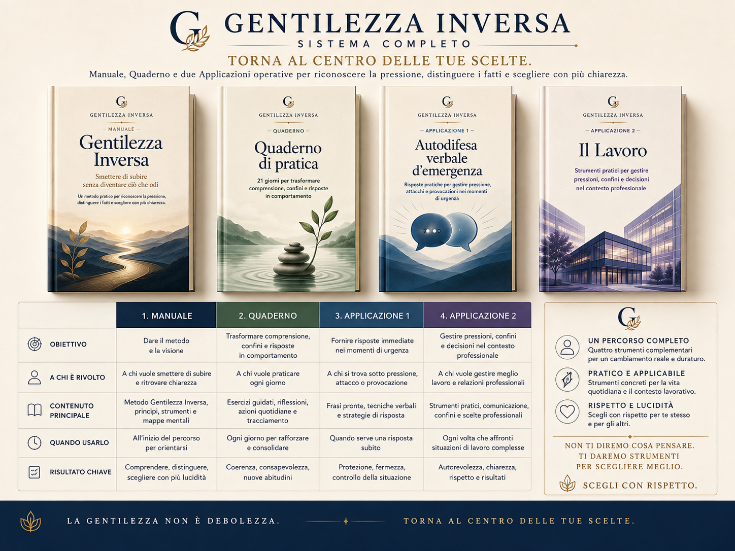 Tavola comparativa dei quattro strumenti Gentilezza Inversa: obiettivo, a chi è rivolto, contenuto principale, quando usarlo e risultato chiave per Manuale, Quaderno, Applicazione 1 e Applicazione 2.